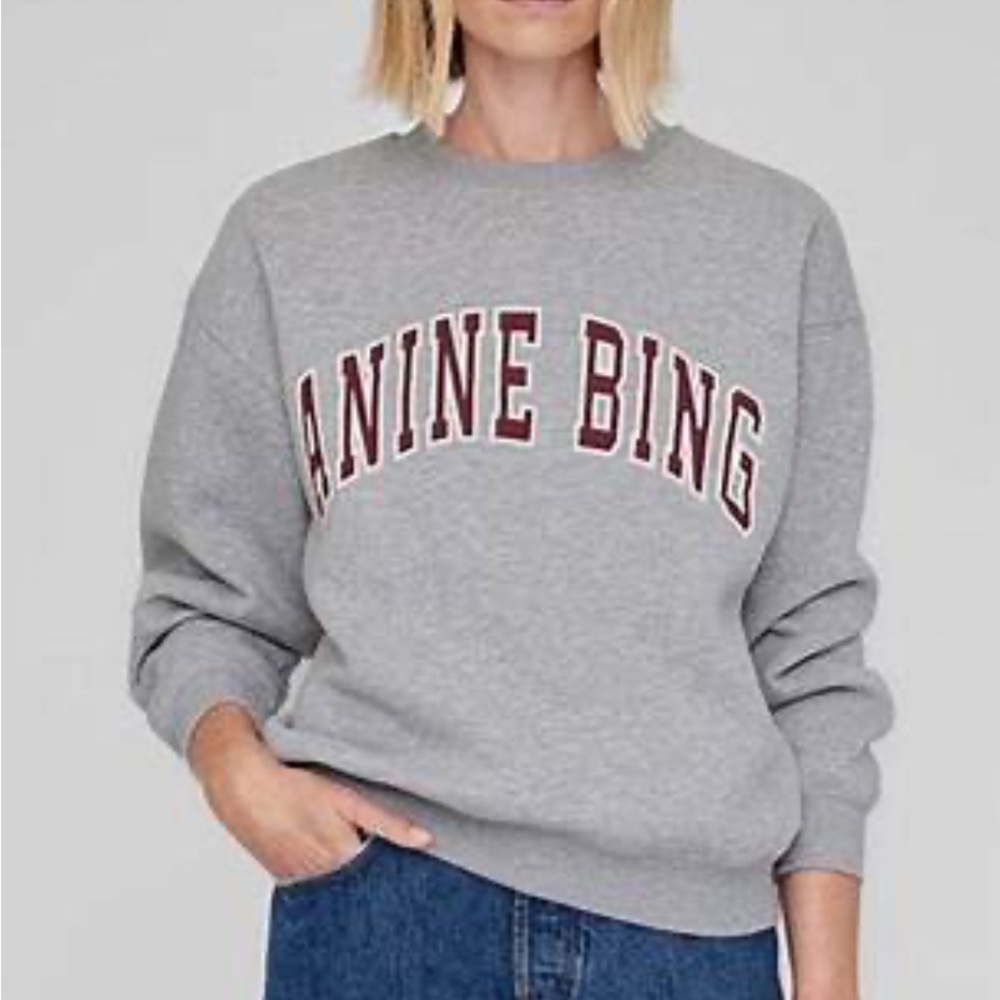 Anine Bing Gray Crewneck Spencer Sweatshirt with Red Lettering